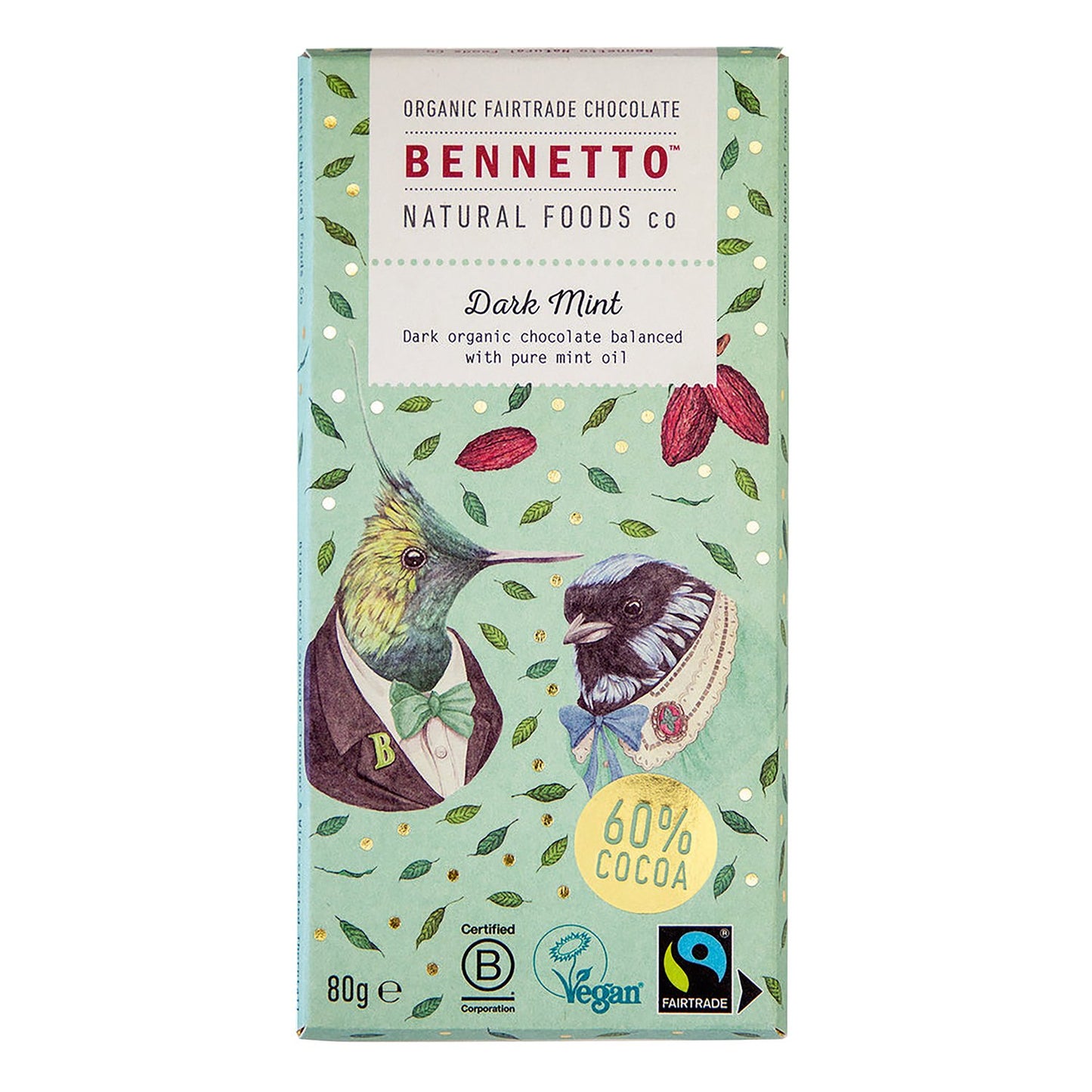 Bennetto Organic & Vegan Friendly 60% dark chocolate bar with mint