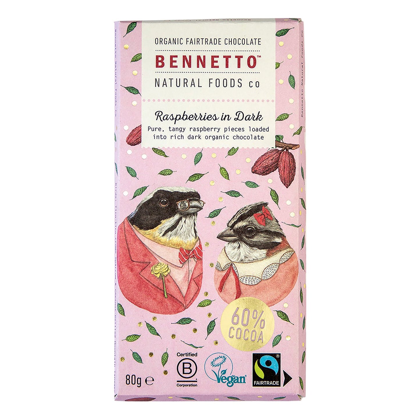 Bennetto Organic & Vegan Friendly 60% dark chocolate bar with raspberries