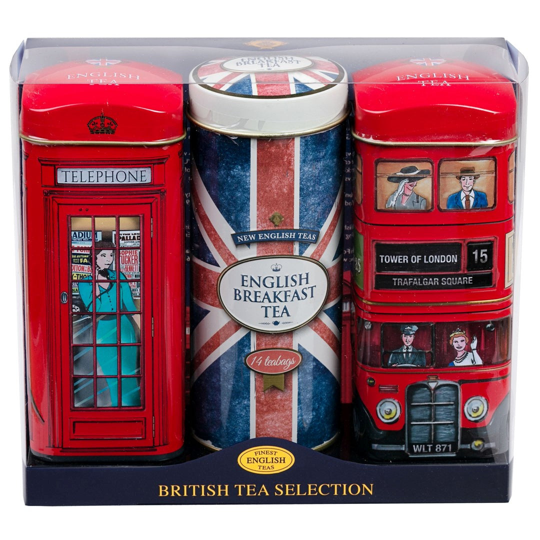 Heritage Tin 14 tb each Triple Pack breakfast and afternoon tea - Red Bus, Telephone Box and Union Jack