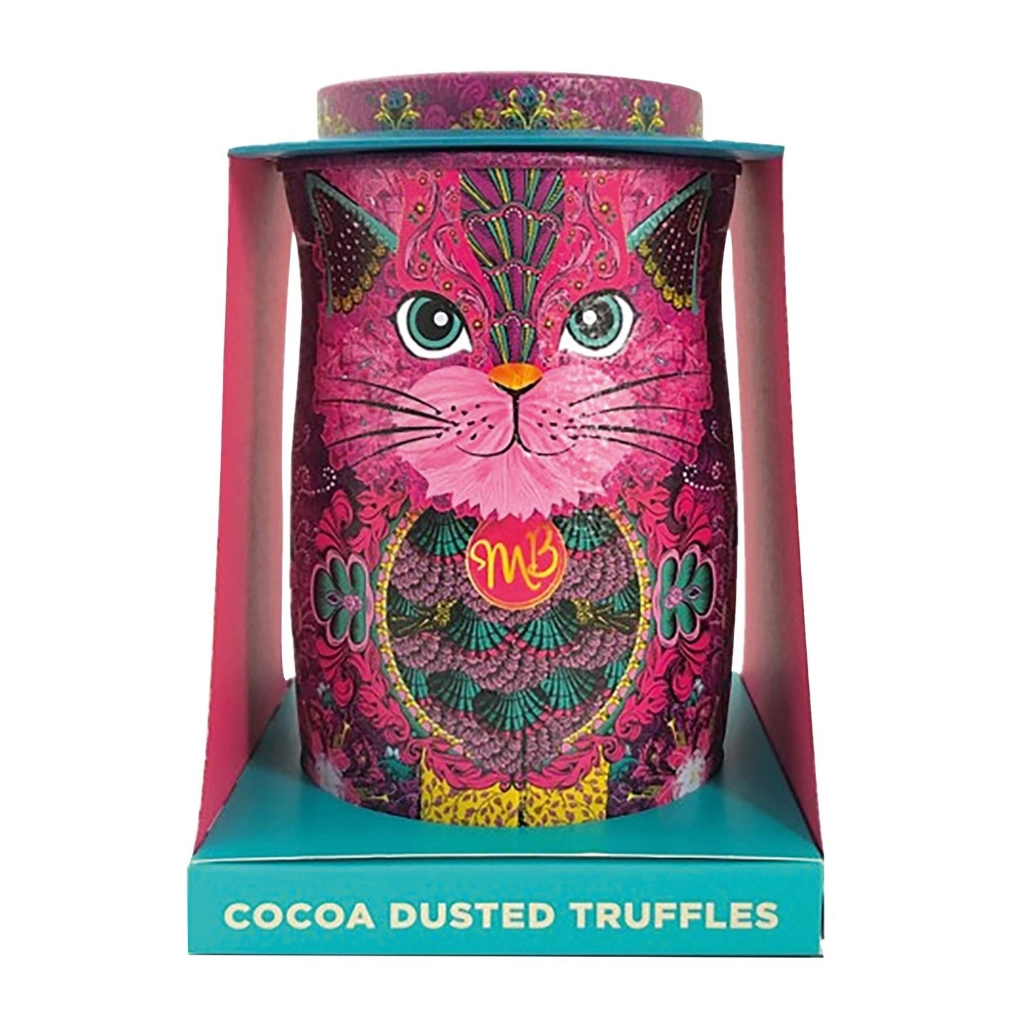 Monti Bojangles - Persian pink cat tin of Choccy Scoffy chocolatey flavour cocoa dusted truffles
