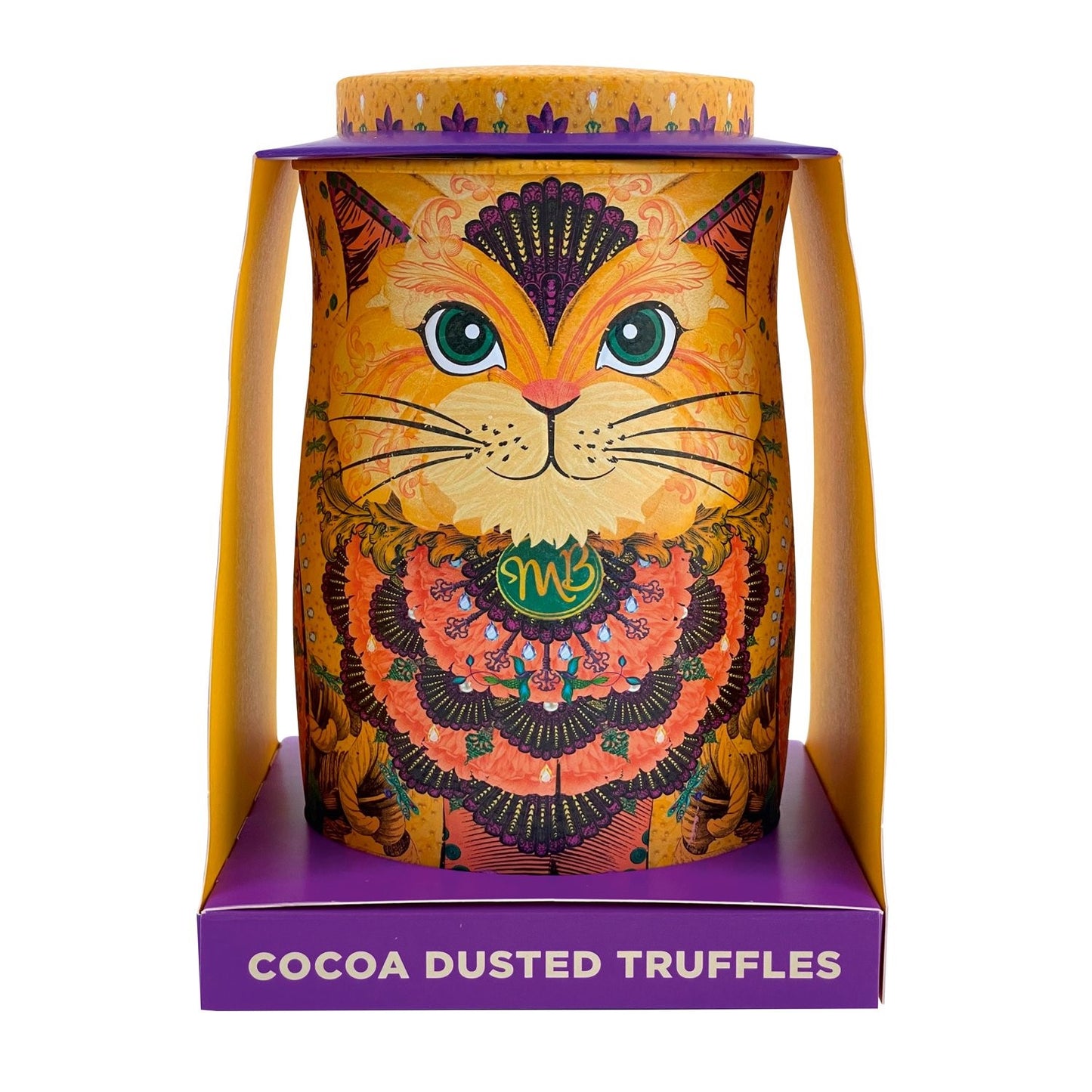 Savanna gold cat tin of Flutter Scotch flavour cocoa dusted truffles with butterscotch chips