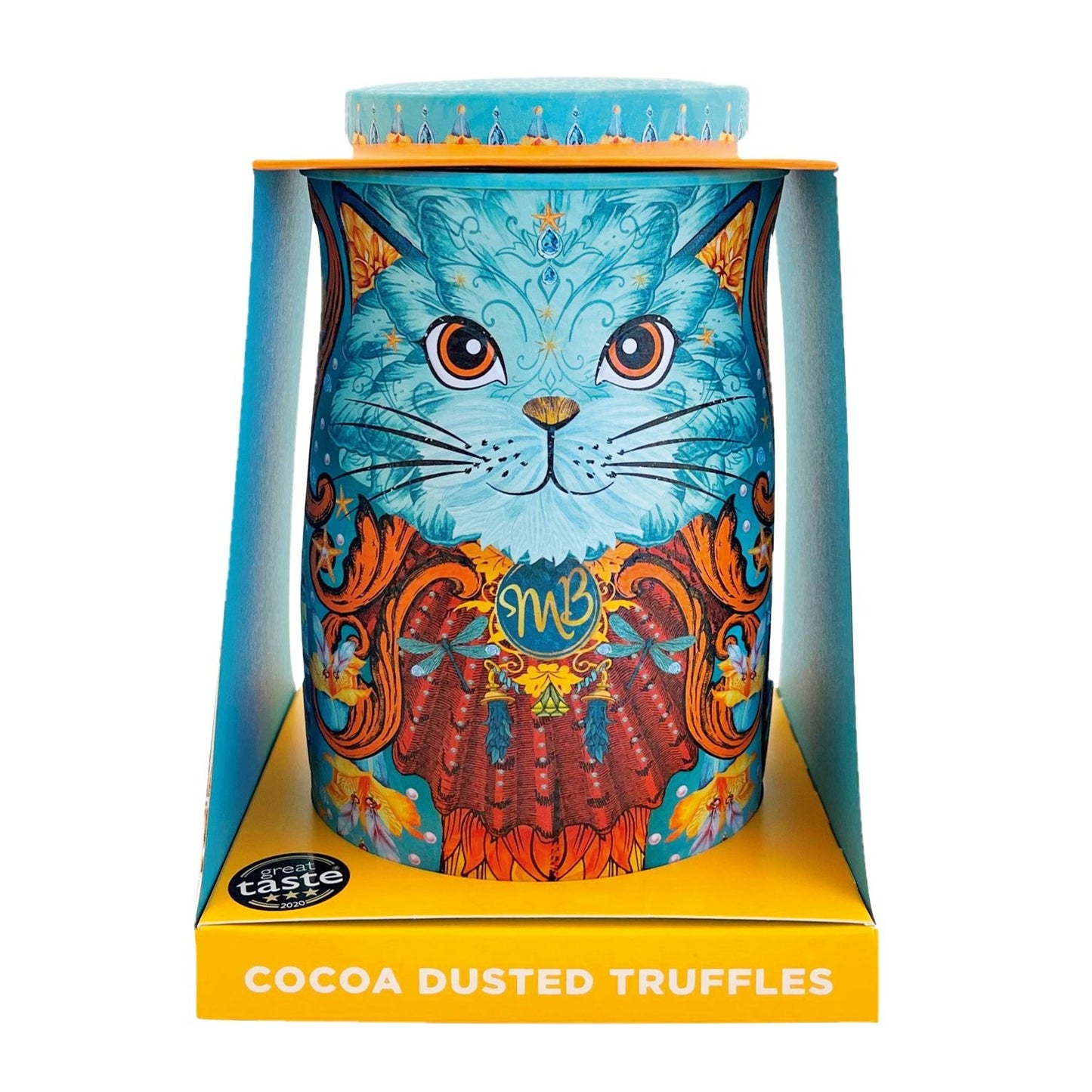 Monti Bojangles - Spirit blue cat tin filled with Coconut Crush cocoa dusted truffles with caramelised coconut pieces