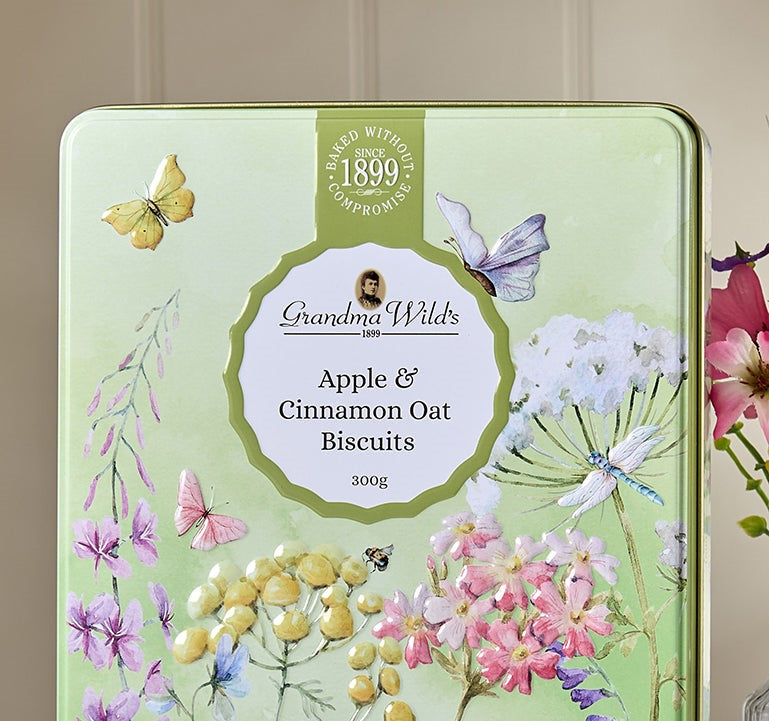 Embossed Wildflower Meadow Tin - Apple and Sinnamon Biscuits