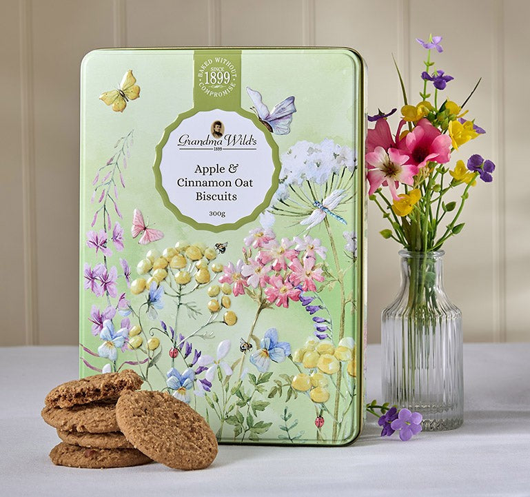 Embossed Wildflower Meadow Tin - Apple and Sinnamon Biscuits