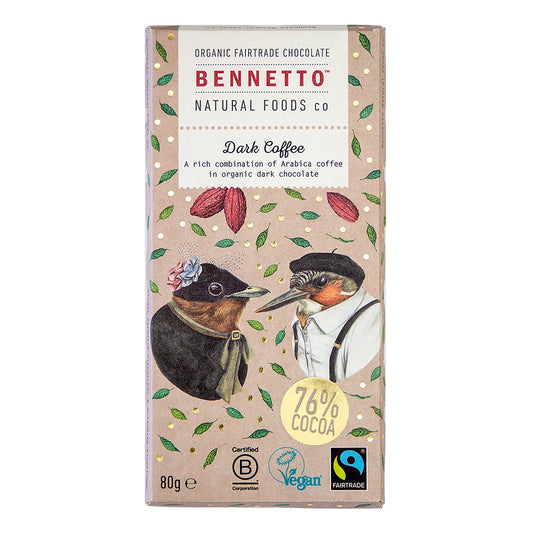 Bennetto   Organic & Vegan Friendly 76% dark chocolate bar with coffee