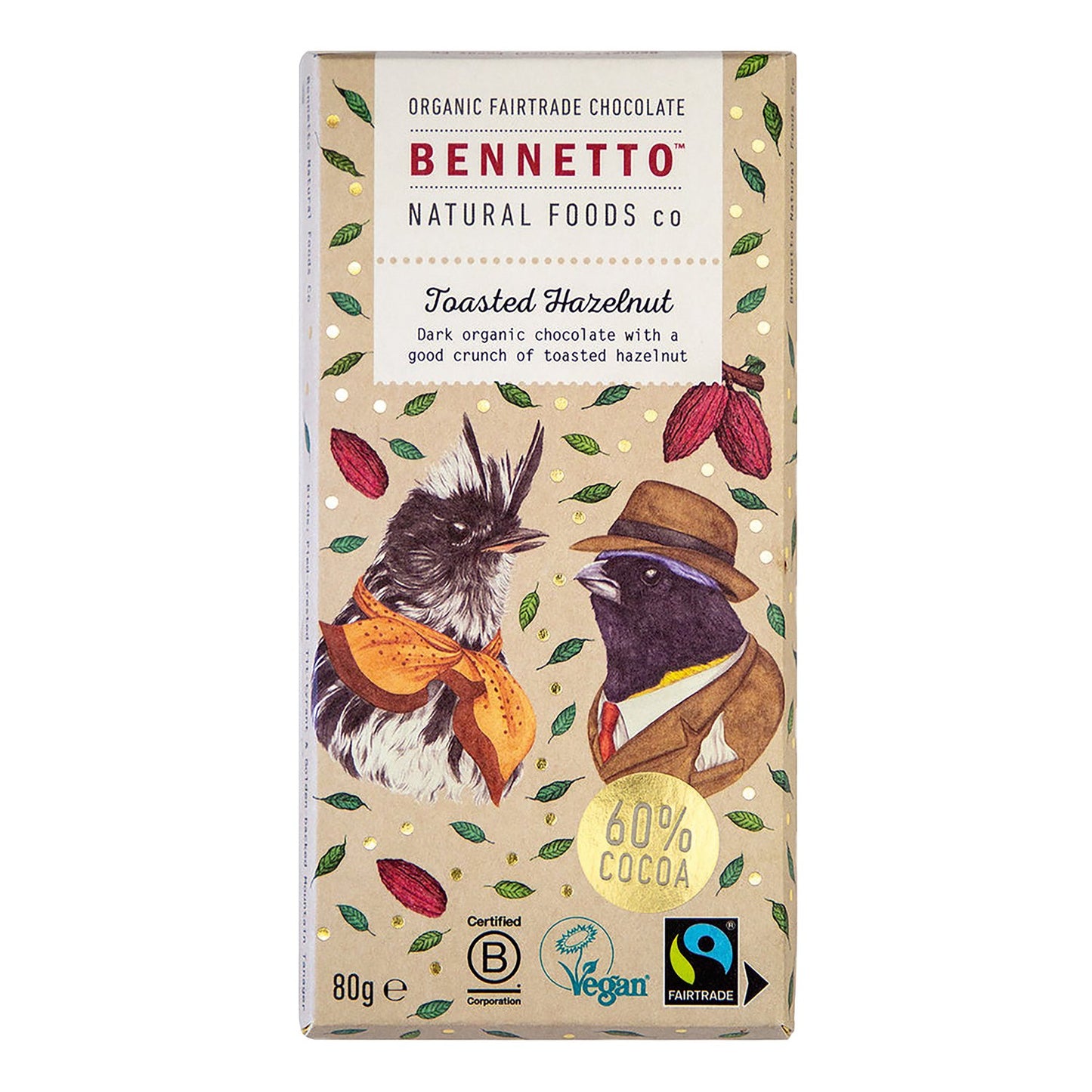 Bennetto Organic & Vegan Friendly 60% dark choc bar with toasted hazelnut