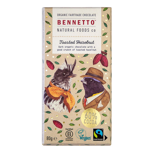 Bennetto Organic & Vegan Friendly 60% dark choc bar with toasted hazelnut