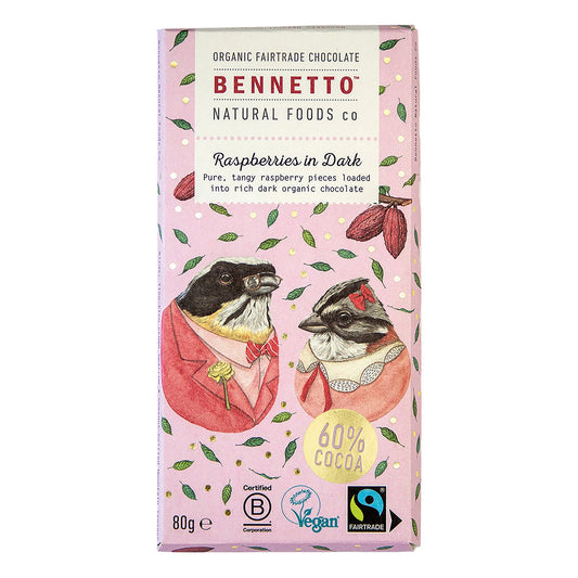 Bennetto Organic & Vegan Friendly 60% dark chocolate bar with raspberries