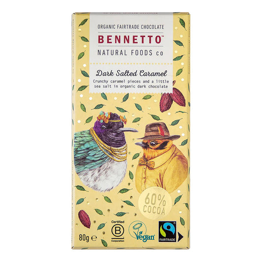 Bennetto  Organic & Vegan Friendly 60% dark chocolate bar with salted caramel