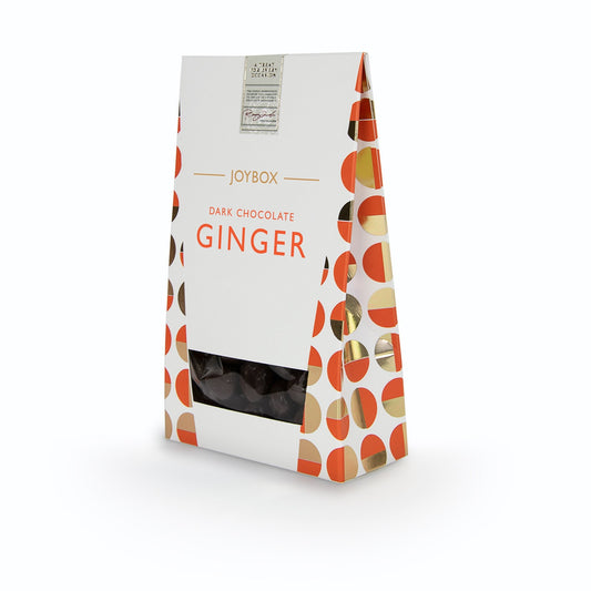 Joybox candied ginger pieces coated in dark chocolate in carton