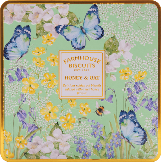 FARMHOUSE BISCUITS Honey & Oat Biscuits in English Garden Tin 250g
