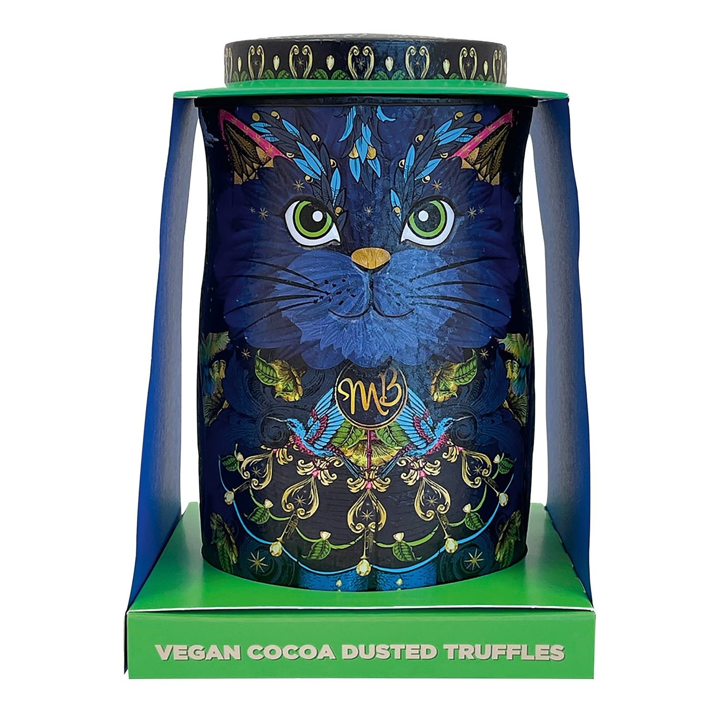 Midnight Prince cat tin of Cocoa Nibs Nights cocoa dusted truffles