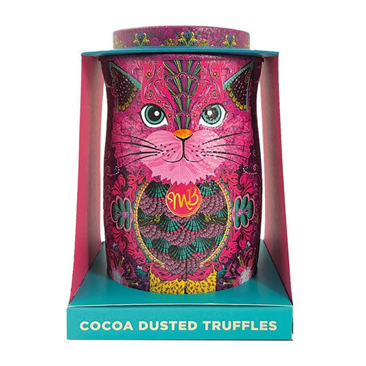 Monti Bojangles - Persian pink cat tin of Choccy Scoffy chocolatey flavour cocoa dusted truffles