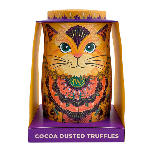 Savanna gold cat tin of Flutter Scotch flavour cocoa dusted truffles with butterscotch chips